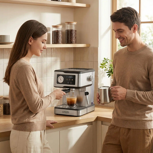 Machine à café italienne - Barista Italienne - couple devant cafetière