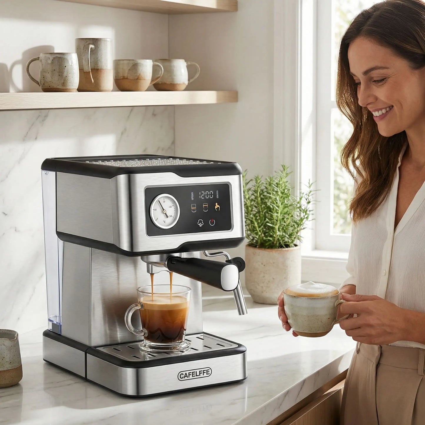 Machine à café italienne - Barista Italienne - femme tenant café devant cafetière 