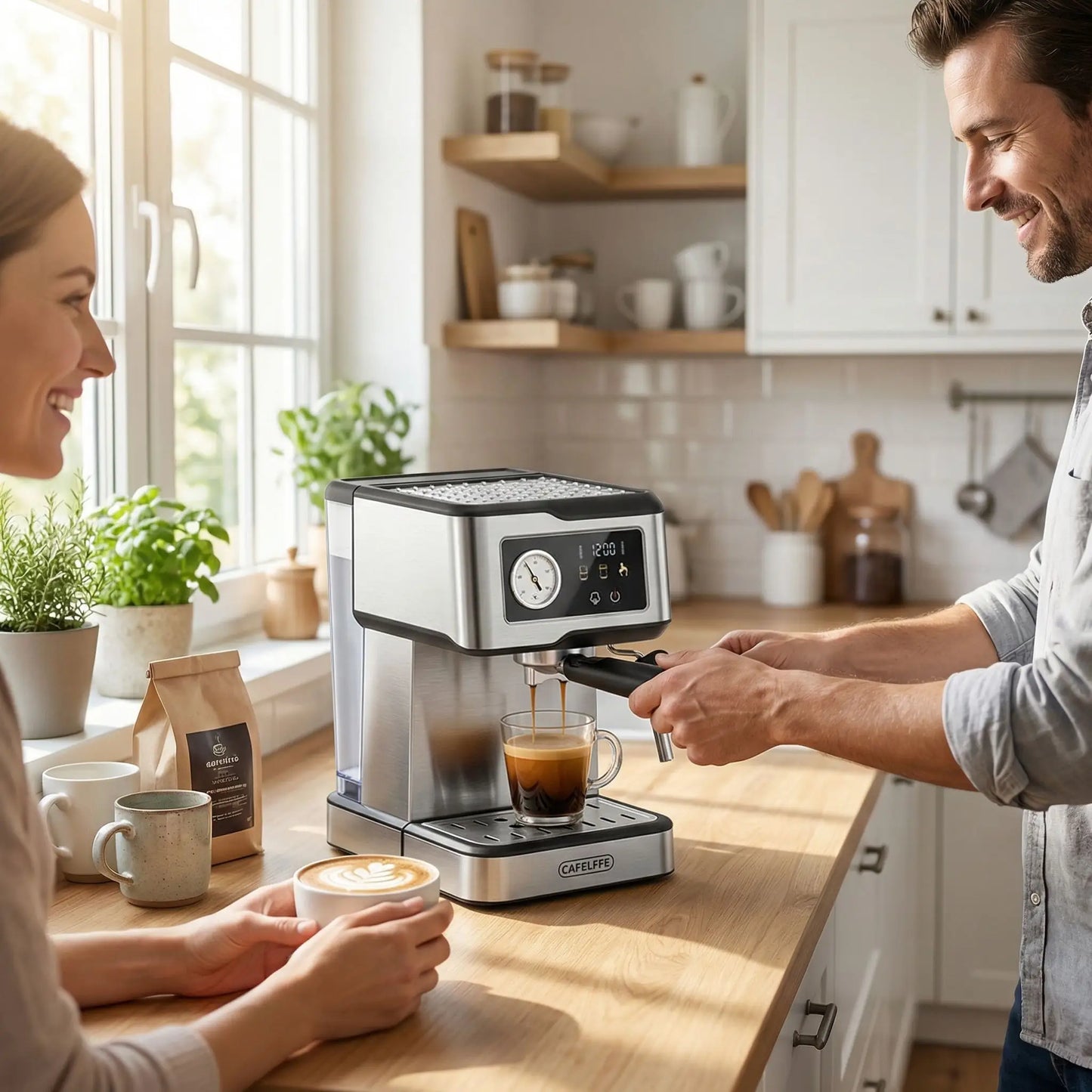 Machine à café italienne - Barista Italienne - homme fait café femme tient un café