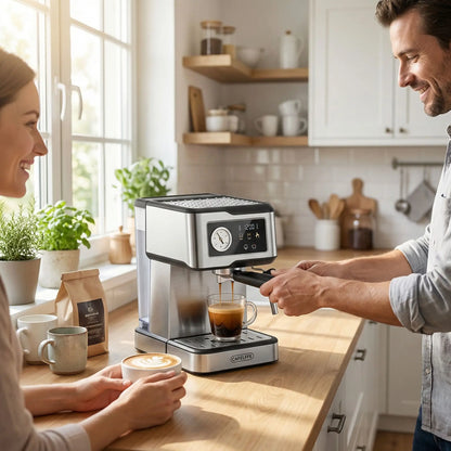 Machine à café italienne - Barista Italienne - homme fait café femme tient un café