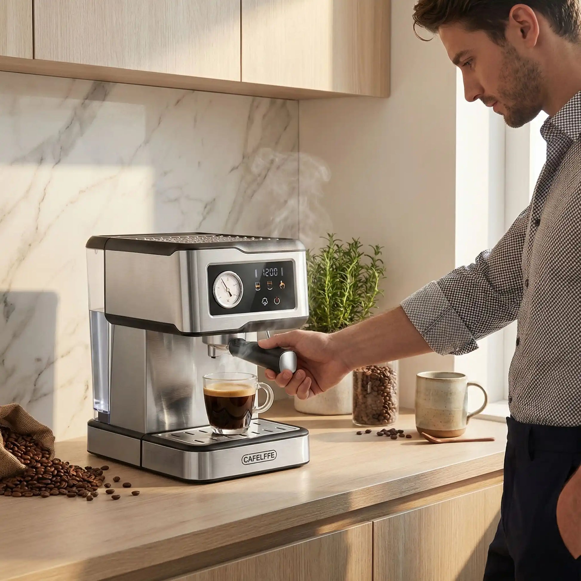 Machine à café italienne - Barista Italienne - homme fait un café