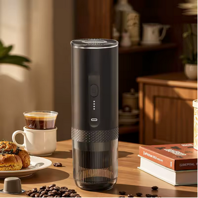 Machine à café portable Espresso Voyageur sur table avec café