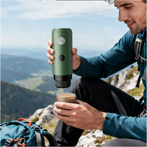 Machine a cafe transportable Compacte Nomade avec homme sur montagne