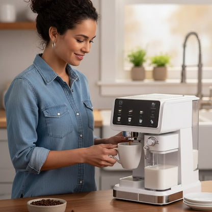 Machine à expresso automatique Pro 20 bars femme se verse un café