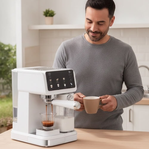 Machine à expresso automatique Pro 20 bars homme attend son café