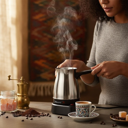 machine café turc Oriental Gourmet femme prépare le café