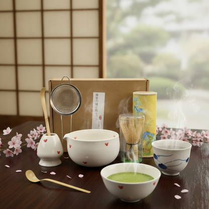 Matcha coffret Héritage sur une table avec fleurs