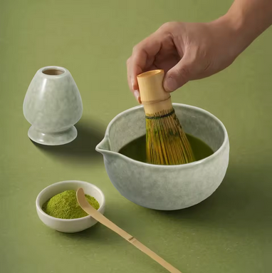 Matcha green tea set Pause Zen main fouette le matcha