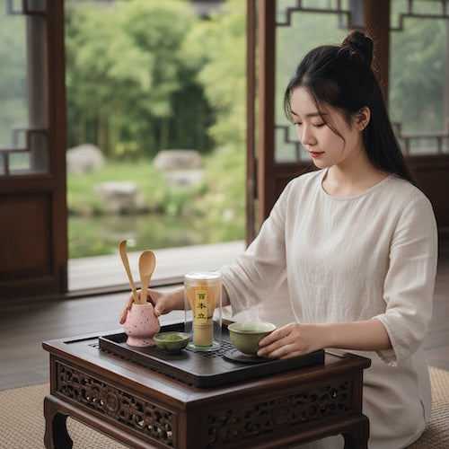 Matcha set tea Éveil Matcha femme assise devant plateau 