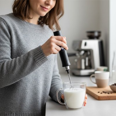 Meilleur mousseur lait Onctuo tenu par femme dans tasse
