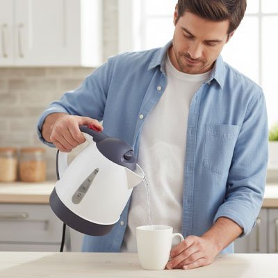 Mini bouilloire UltraCompacte homme verse eau dans tasse - Mon Univers Thé et Café