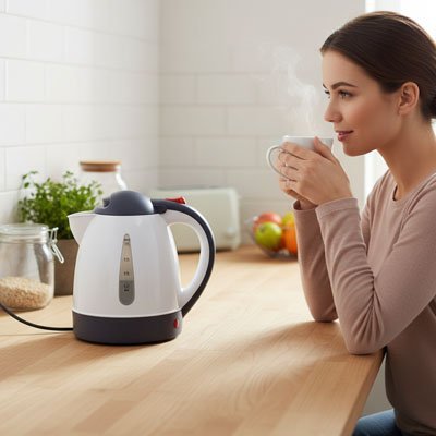 Mini bouilloireUltraCompacte  femme boit tasse de thé - Mon Univers Thé et Café