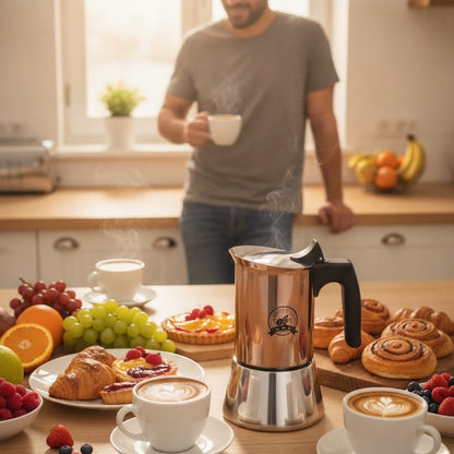Moka espresso pot Premium Or Rose sur table avec viennoiserie
