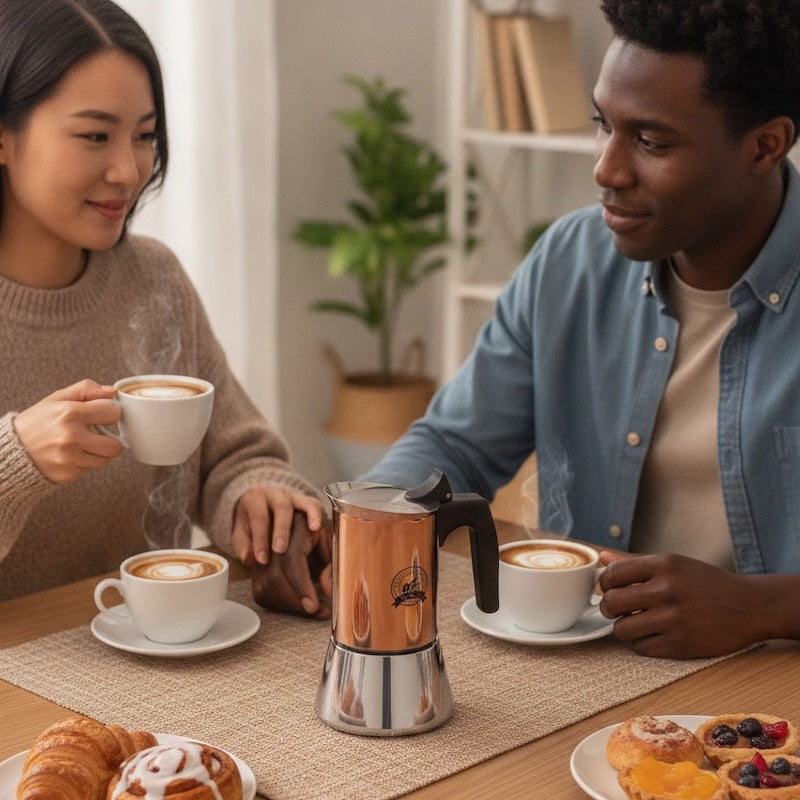 Moka espresso pot Premium Or Rose couple devant petit déjeuner