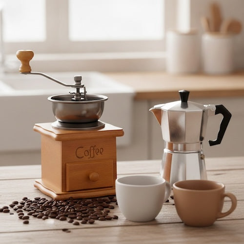 Moulin à café ancien Tradition avec cafetière moka et tasses