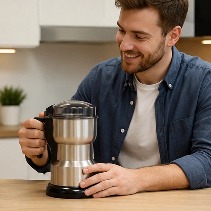 Moulin à café électrique Moutura homme tient le moulin