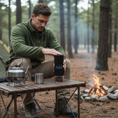 Moulin à café électrique Saveurs Authentiques avec homme en camping