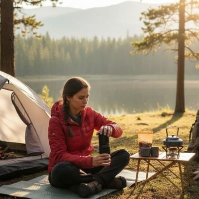 Moulin à café électrique Saveurs Authentiques femme assise devant tente près d'un lac