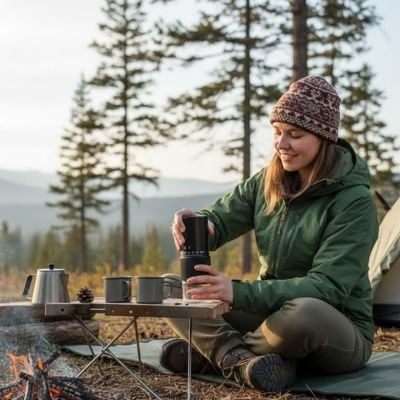 Moulin à café électrique Saveurs Authentiques femme assise mout le café