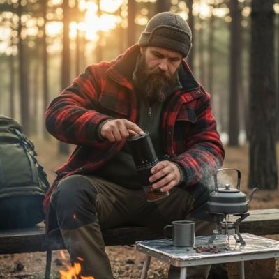 Moulin à café électrique Saveurs Authentiques homme prépare son café en camping