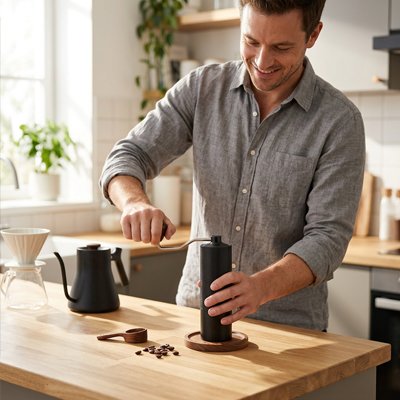 Moulin à café manuel​ Saveurs Parfaites homme moult le café dans sa cuisine