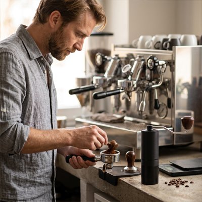 Moulin à café manuel​ Saveurs Parfaites homme prépare le café