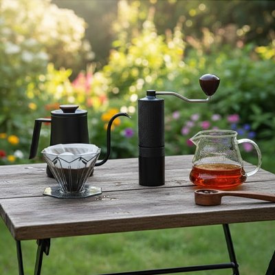 Moulin à café​ manuel Saveurs Premium sur table avec filtre et cafetière