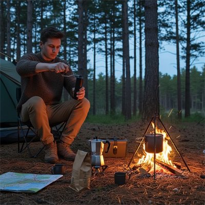 Moulin à café​ manuel Saveurs Premium tenue par homme près du feu