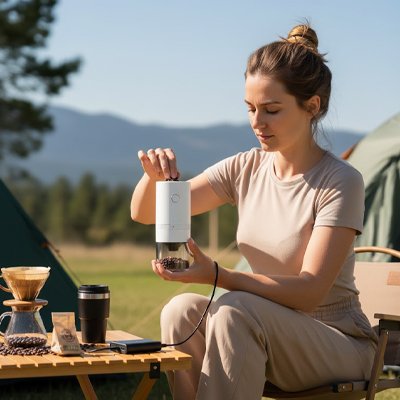 Moulin a cafe​ Precision Barista avec femme assise devant table