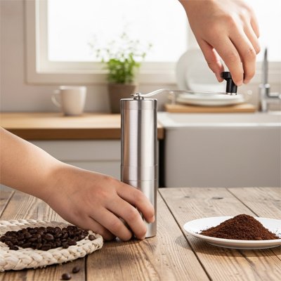 Moulin à café​ sur table avec café moulu