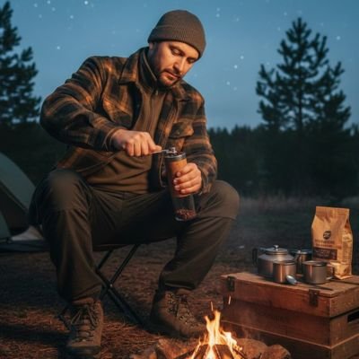 Moulin café Aromatic en opération par homme devant un feu