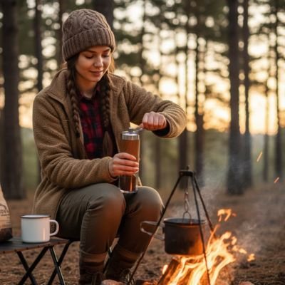 Moulin café Aromatic tenu par femme devant un feu