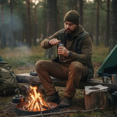 Moulin café Aromatic tenu par homme assis devant un feu 