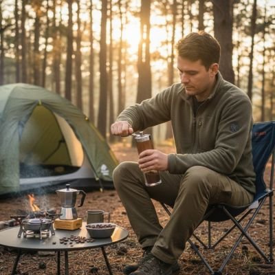 Moulin café Aromatic tenu par homme assis 