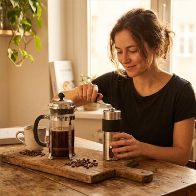 Moulin café Arôme Premium avec femme et cafetière