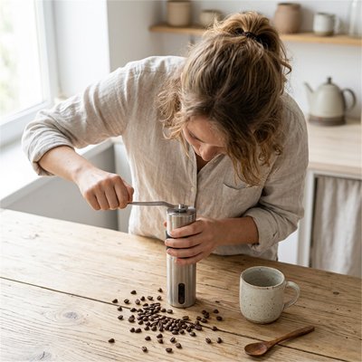 Moulin café Arôme Premium en action avec femme