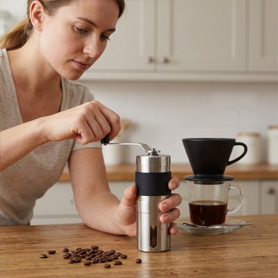 Moulin café Arôme Premium sur table avec cafetière