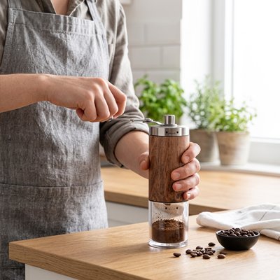 Moulin cafe manuel Grain-de-Bois manipulé par homme