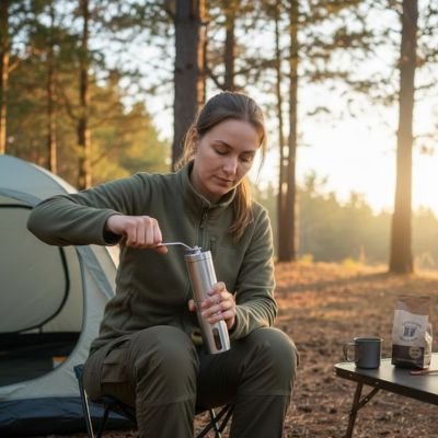 Moulin café manuel Haute Précision femme assise devant tente