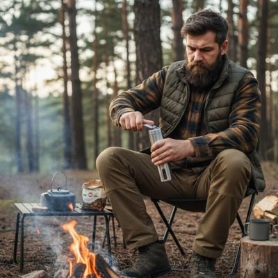 Moulin café manuel Haute Précision homme assis devant feu