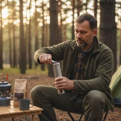 Moulin café manuel homme Haute Précision assis devant table