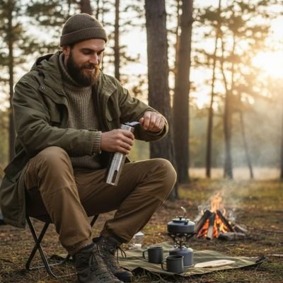 Moulin café manuel Haute Précision homme assis près du feu