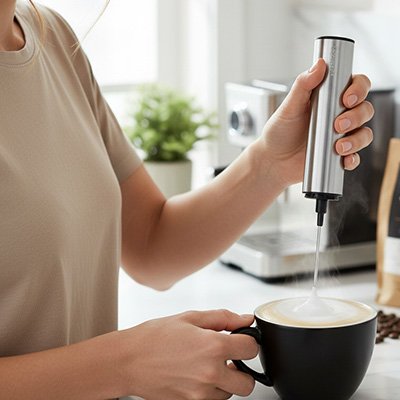 Mousseur a lait Café Express dans tasse noire avec mousse tenue par femme