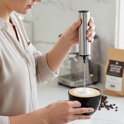 Mousseur a lait Café Express dans tasse noire tenue par femme