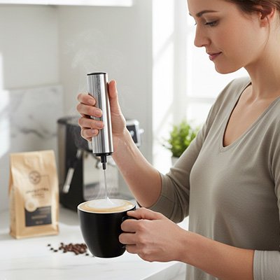 Mousseur a lait Café Express dans tasse tenue par femme
