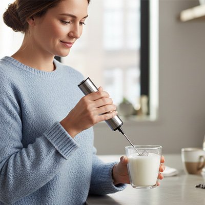 Mousseur a lait Café Express dans tasse transparente tenue par femme