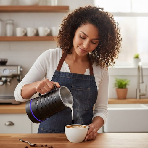 Mousseur à lait électrique Barista  Perfection femme verse du lait chau sur du café