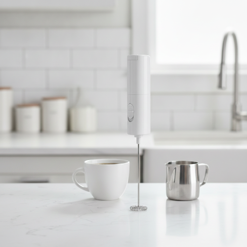 Mousseur de lait Cappuccino Express blanc sur comptoir avec tasse de café et pot à lait