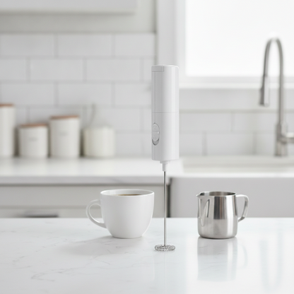 Mousseur de lait Cappuccino Express blanc sur comptoir avec tasse de café et pot à lait