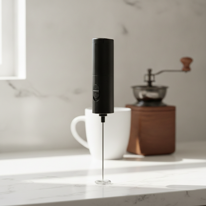 Mousseur de lait Cappuccino Express noir sur comptoir avec tasse de café et moulin